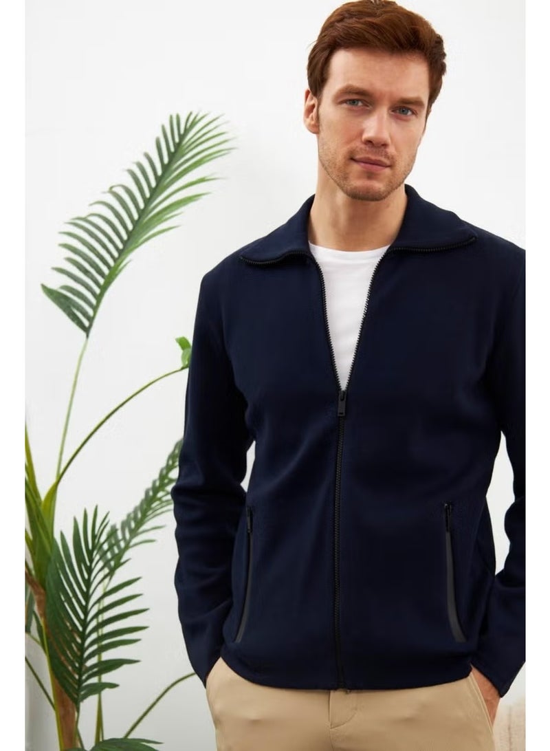 Odelon Men's Waterproof Zippered Cotton Knitwear Cardigan Navy Blue HRK201 - Image 2